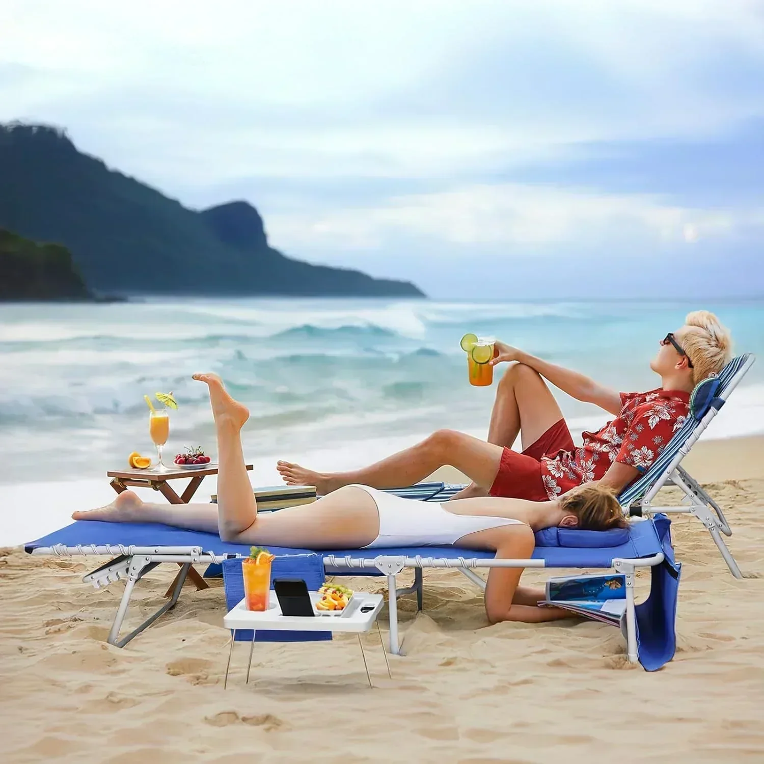 3-in-1 Beach Chair Face Holes Lounge Chair Outdoor with Folding Side Table 5-Position Recliner
