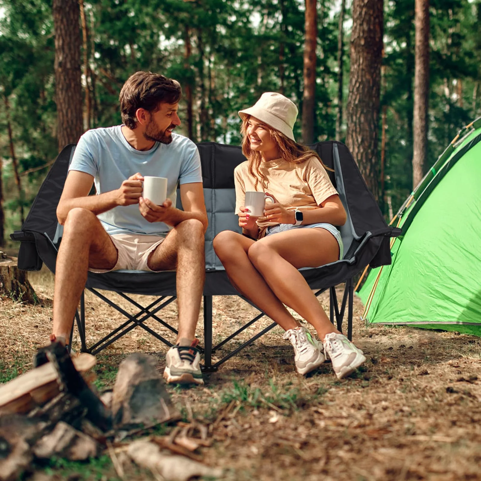 Oversized Double Camping Chair for Two Adults Folding Padded Loveseat with Cup Holders 660 lbs