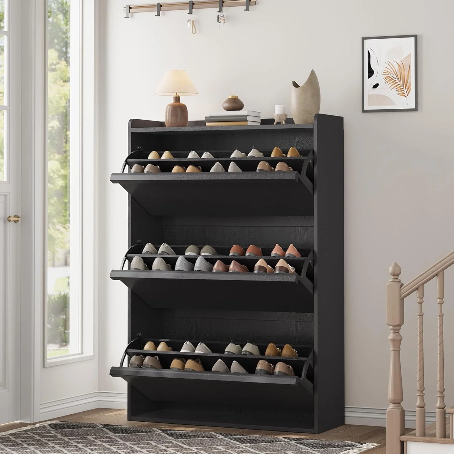 GarveeHome Shoe Cabinet with 3 Flip Top Drawers, Wooden Shoe Cabinet with Adjustable Shelves