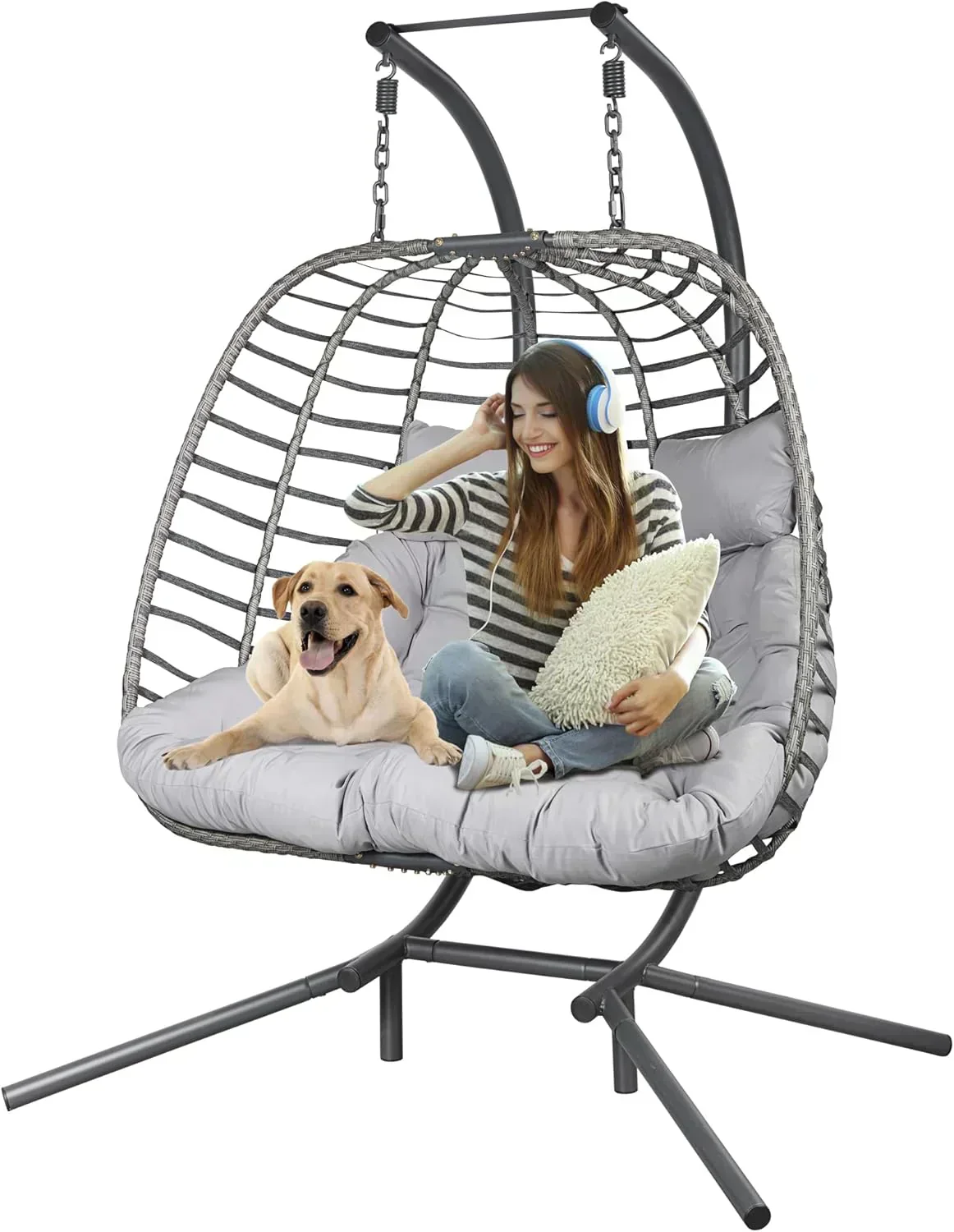 HWB Hanging Egg Chair with Stand Patio Wicker Hammock Egg Swing Chair Cushion for Bedroom