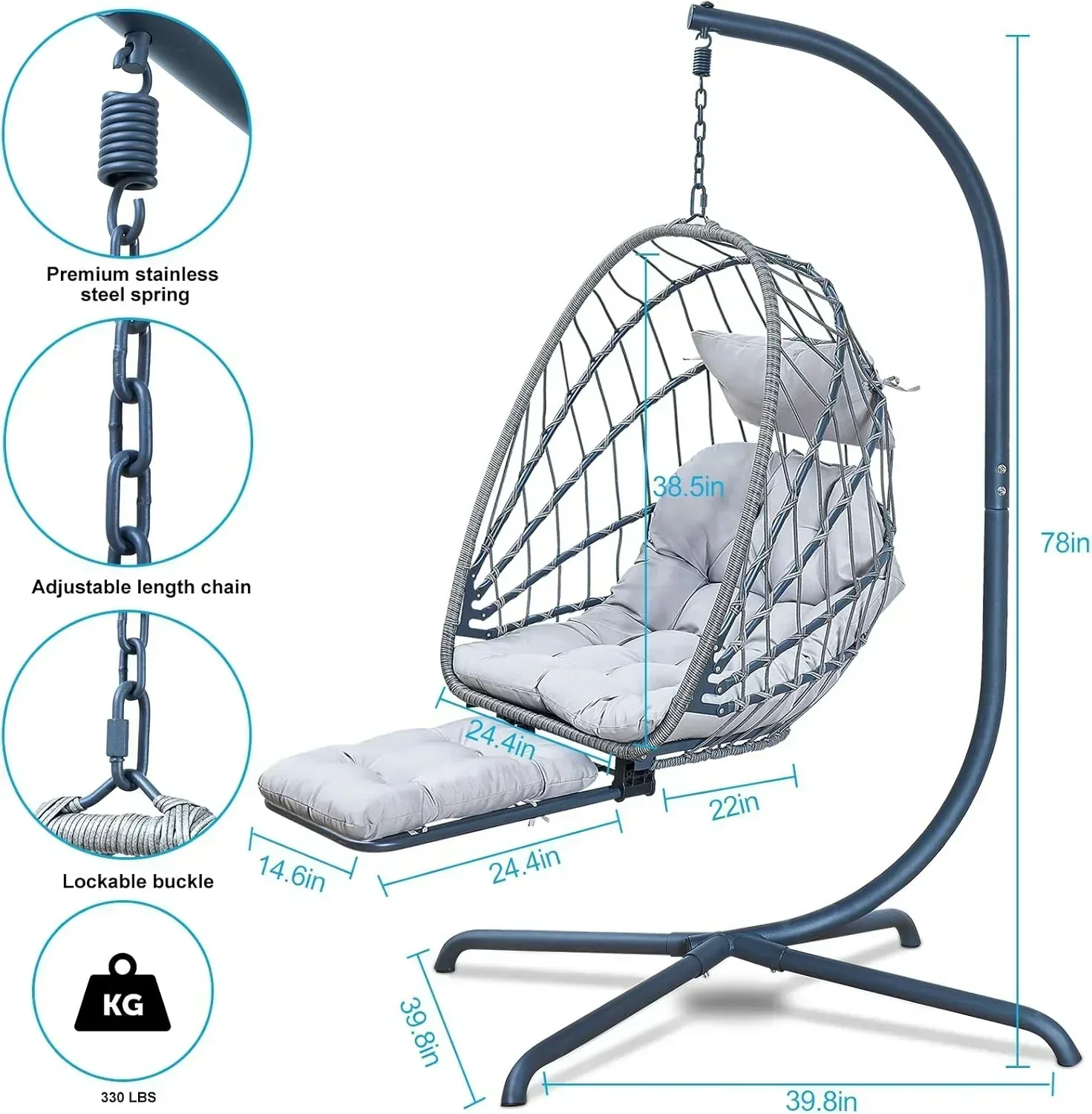 Hanging Egg Chair with Stand and Leg Rest Rattan Wicker Swing Hammock Chair UV-Resistant Cushion